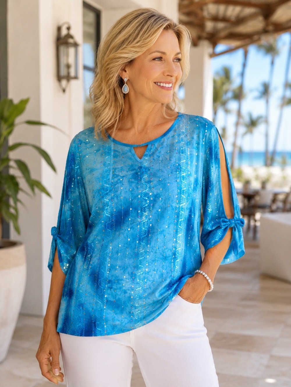 Sami & Jo Womens Top XL Blue Sequin Embellished Slit Tie Sleeve Stretch